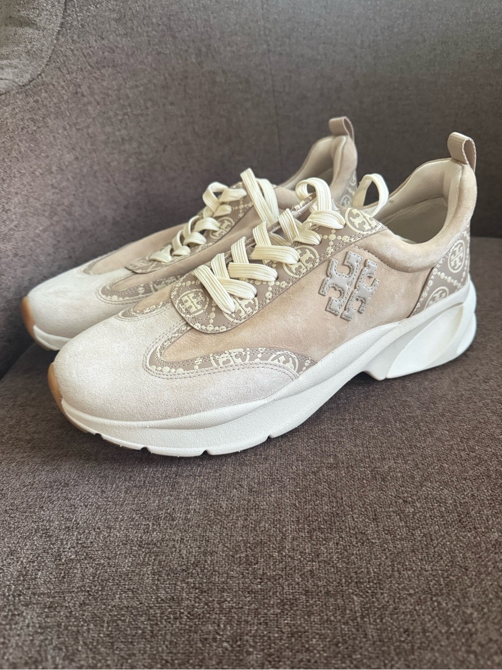 Tory Burch Neutral Beige and White Chunky Sneakers